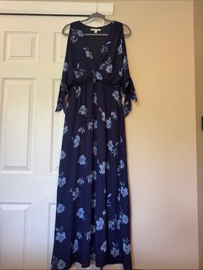 miami Navy Blue Floral Maxi Dress with Light Blue Blooms